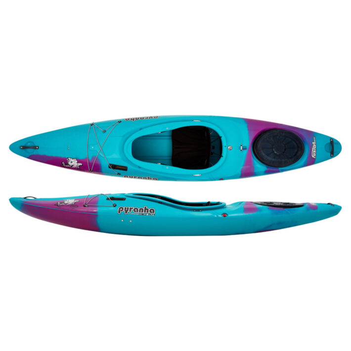 A photo of the Pyranha Fusion II Kayak in Cotinga Blue showing both a top down and side view