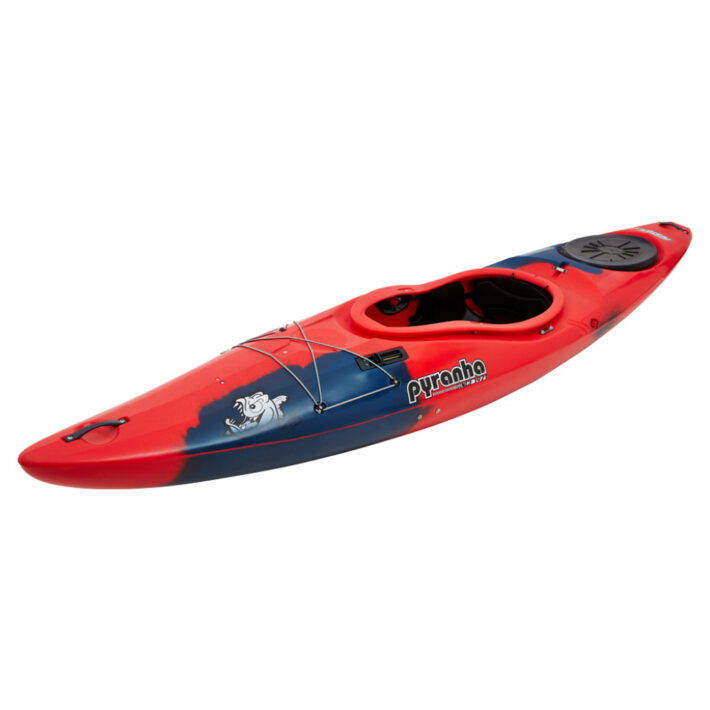 A photo of the Pyranha Fusion II Kayak in Rosella Red showing the front of the kayak at an angle