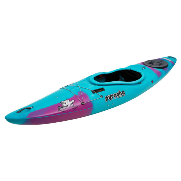 A photo of the Pyranha Fusion II Kayak in Cotinga Blue showing the front of the kayak at an angle