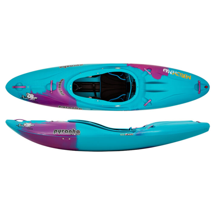 A photo of the Pyranha Mechno Kayak in Cotinga Blue showing both a top down and side view