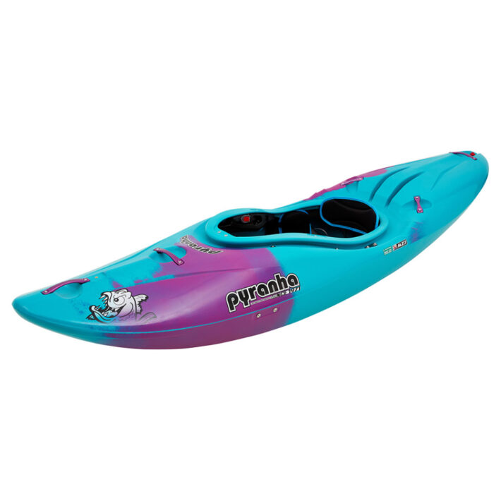 A photo of the Pyranha Mechno Kayak in Cotinga Blue showing the front of the kayak at an angle