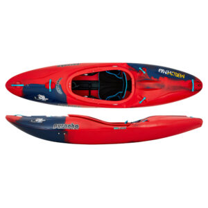 A photo of the Pyranha Mechno Kayak in Rosella Red showing both a top down and side view