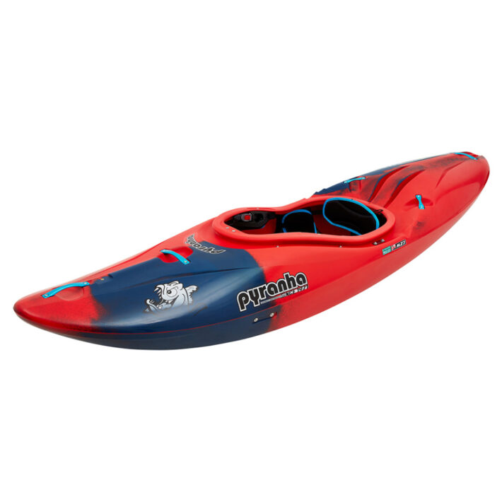 A photo of the Pyranha Mechno Kayak in Rosella Red showing the front of the kayak at an angle