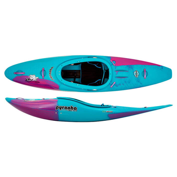 A photo of the Pyranha Ripper 2 Kayak in Cotinga Blue showing both a top down and side view