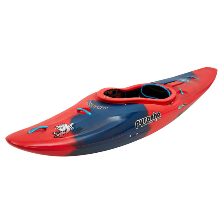 A photo of the Pyranha Ripper 2 Kayak in Rosella Red showing the front at an angle