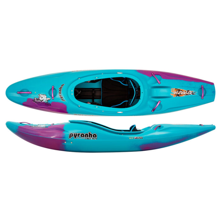 A photo of the Pyranha Scorch Kayak in Cotinga Blue showing both the top down and side view