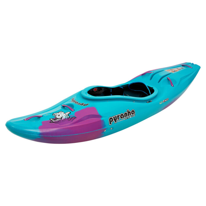 A photo of the Pyranha Scorch Kayak in Cotinga Blue showing the front of the kayak at an angle