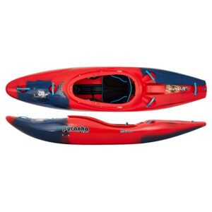 A photo of the Pyranha Scorch Kayak in Rosella Red showing both a top down and side view