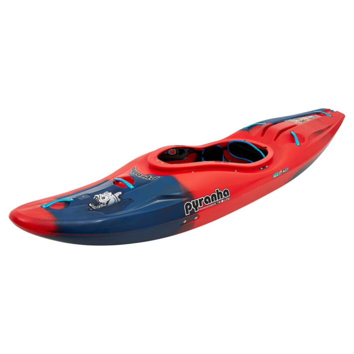 A photo of the Pyranha Scorch Kayak in Rosella Red showing the front of the kayak at an angle