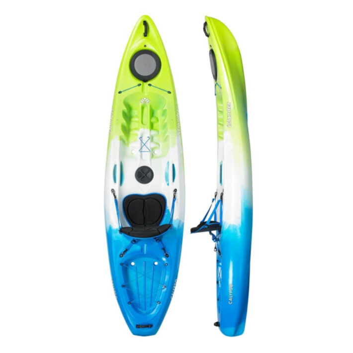 An awesome photo of the Islander Kayak Koa S Sport Kayak. On the left, we've got a top down view. The right offers a side profile. The tip of the kayak is green, transitioning into white at the centre with a blue finish at the end.