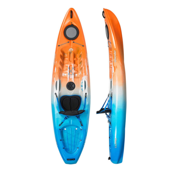 An awesome photo of the Islander Kayak Koa S Sport Kayak. On the left, we've got a top down view. The right offers a side profile. The tip of the kayak is orange, transitioning into white at the centre with a blue finish at the end.