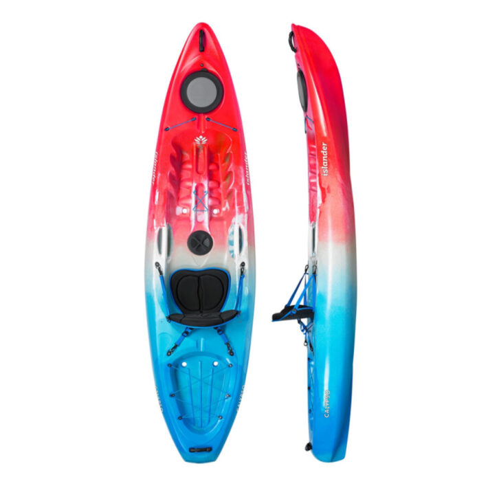 An awesome photo of the Islander Kayak Koa S Sport Kayak. On the left, we've got a top down view. The right offers a side profile. The tip of the kayak is red, transitioning into white at the centre with a blue finish at the end.