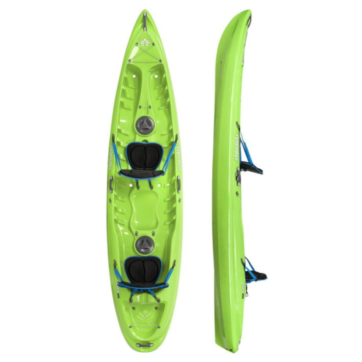 A beautiful green coloured Islander Kayak Koa Duo Sport Kayak. On the left, we've got a top down view. The right offers a side profile.