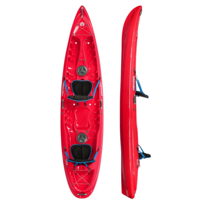A beautiful red coloured Islander Kayak Koa Duo Sport Kayak. On the left, we've got a top down view. The right offers a side profile.