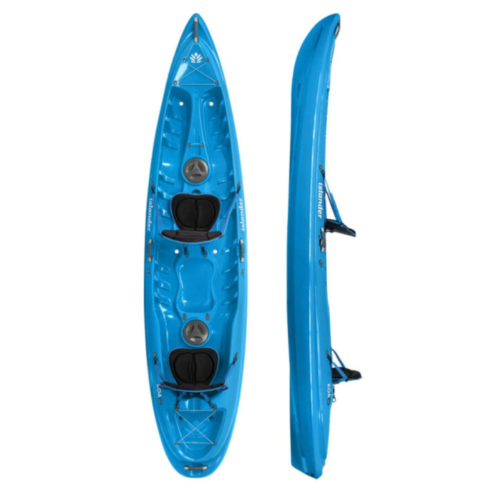 A beautiful blue coloured Islander Kayak Koa Duo Sport Kayak. On the left, we've got a top down view. The right offers a side profile.