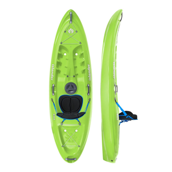 A beautiful green coloured Islander Kayak Koa S Sport Kayak. On the left, we've got a top down view. The right offers a side profile.