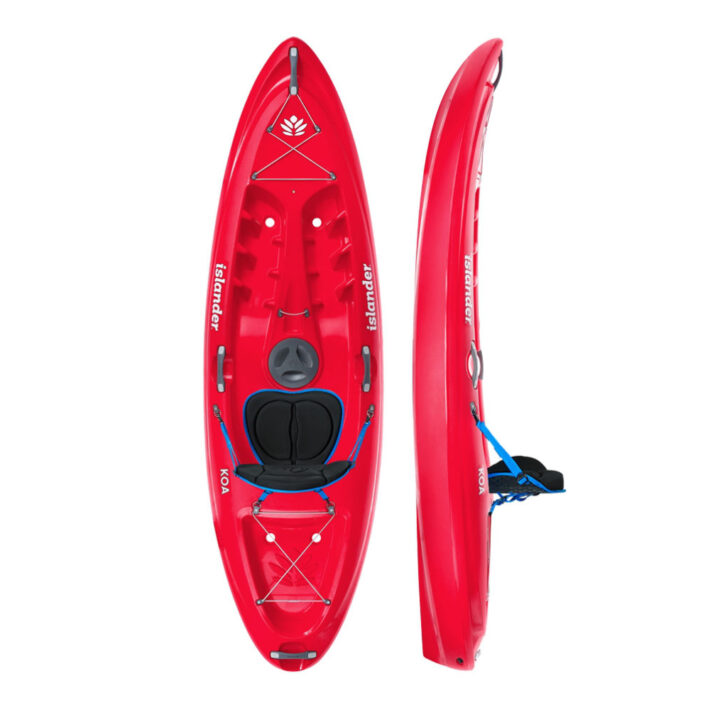 A beautiful red coloured Islander Kayak Koa S Sport Kayak. On the left, we've got a top down view. The right offers a side profile.