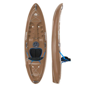 A sustainable recycled Islander Kayak Koa S Sport Kayak. On the left, we've got a top down view. The right offers a side profile.