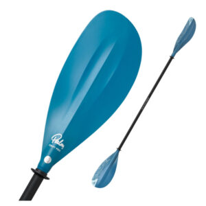 The Palm Paddle Drift Pro in Teal. On the left is a close up of the paddle blade, while the right displays a full scale image of the entire paddle.