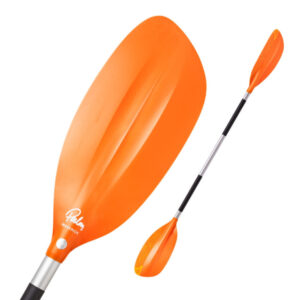 The Palm Maverick. On the left there is a close up blade view. On the right is a full shot of the whole paddle. The blades are an orangey sherbet colour, while the shaft is metallic with black handles.