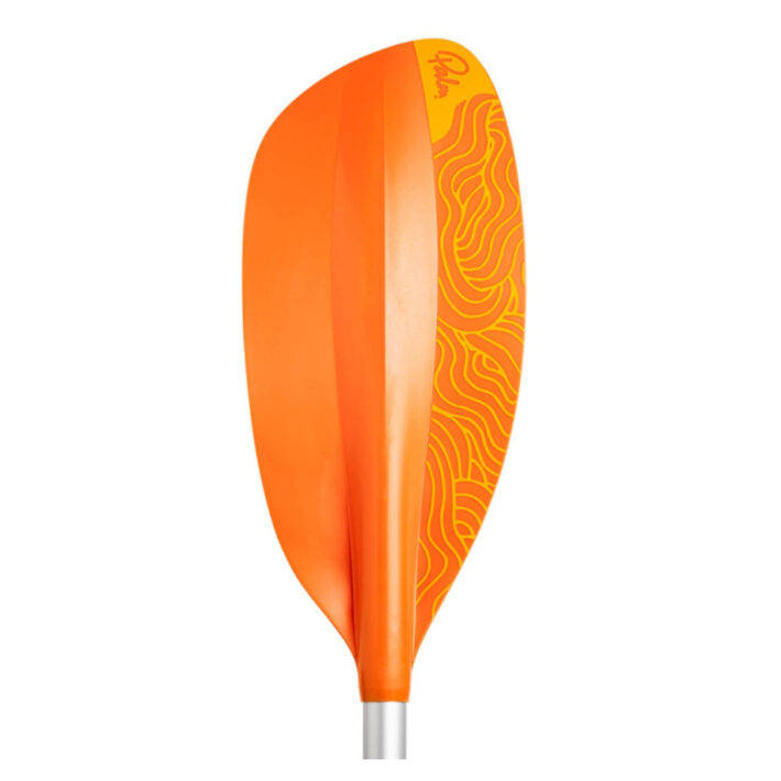 The Palm Maverick. Here with have a back facing close up of the blade - it is asymmetric with a orange colour and lighter orange linework on the right.