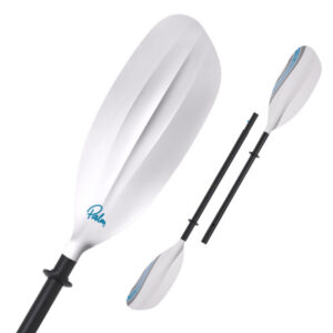 Palm Vision Two Piece Paddle in white. On the left is a close up of the blade, while the right features a full scale image of the deconstructed paddle in two pieces.