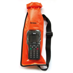 Front view of the Stormproof VHF Case. Rolltop sealed and shoulder strap is attached. High Viz Orange.
